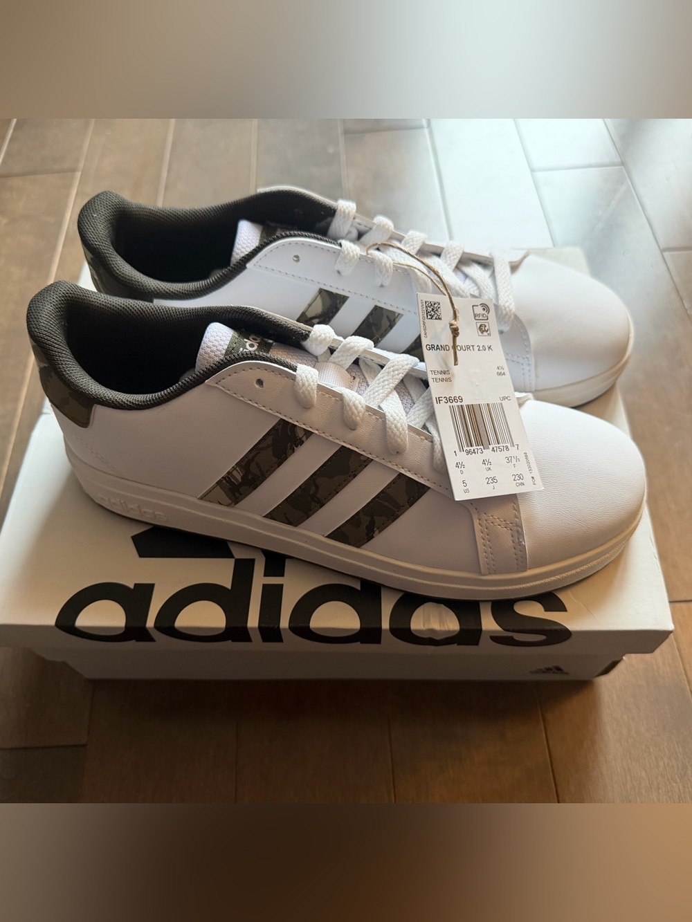 adidas Kids White Sneakers with Green Stripe Accents